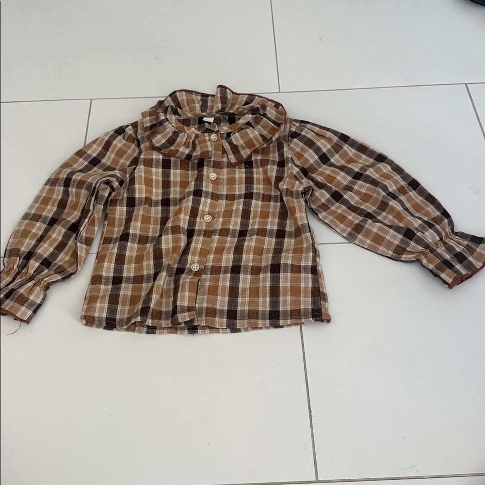 Gingham Kids Brown Plaid top ruffle collar
